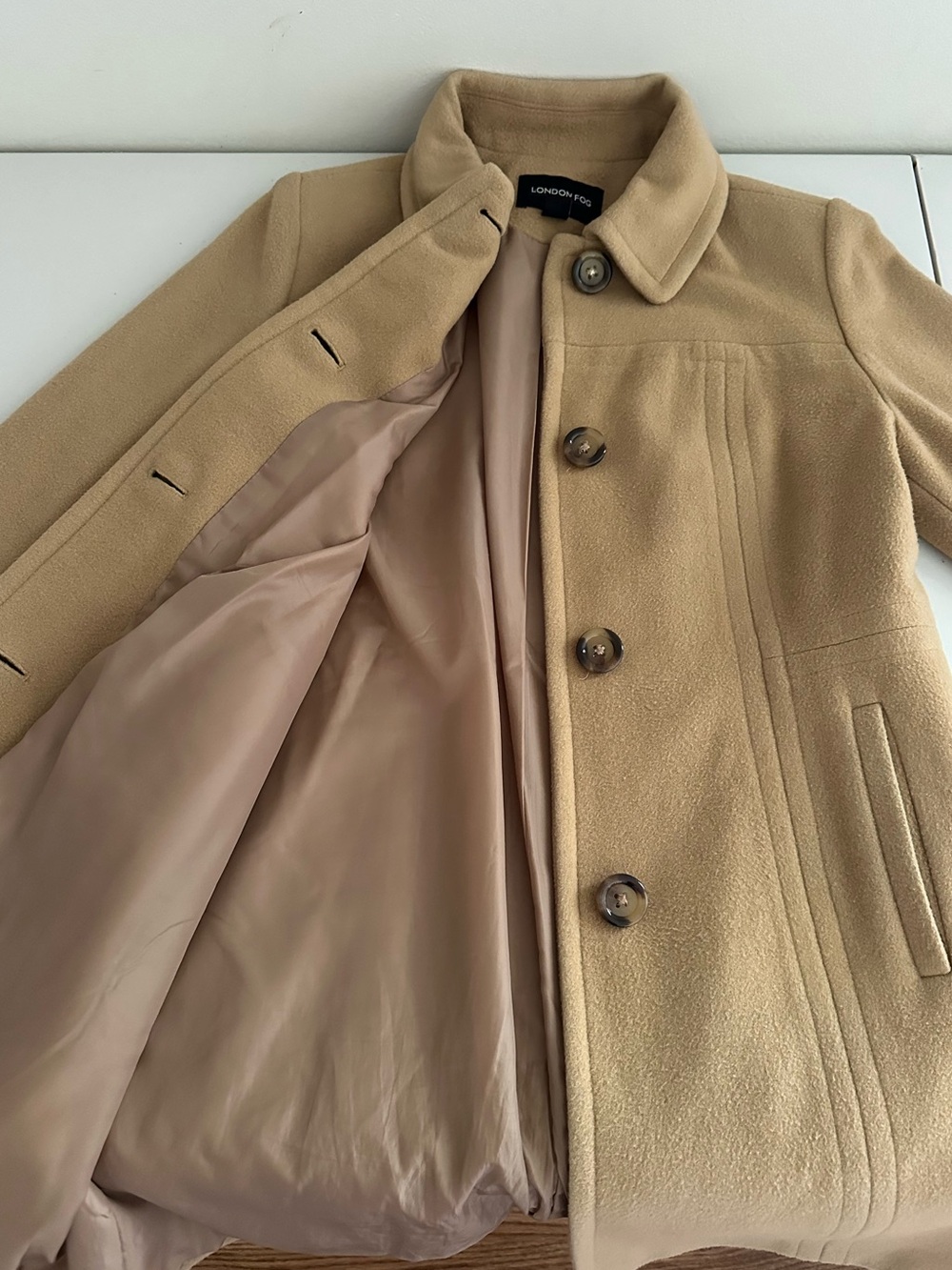 London Fog Camel Wool Blend Coat Size Medium Classic A-Line Peacoat Fall Preppy - Picture 5 of 8